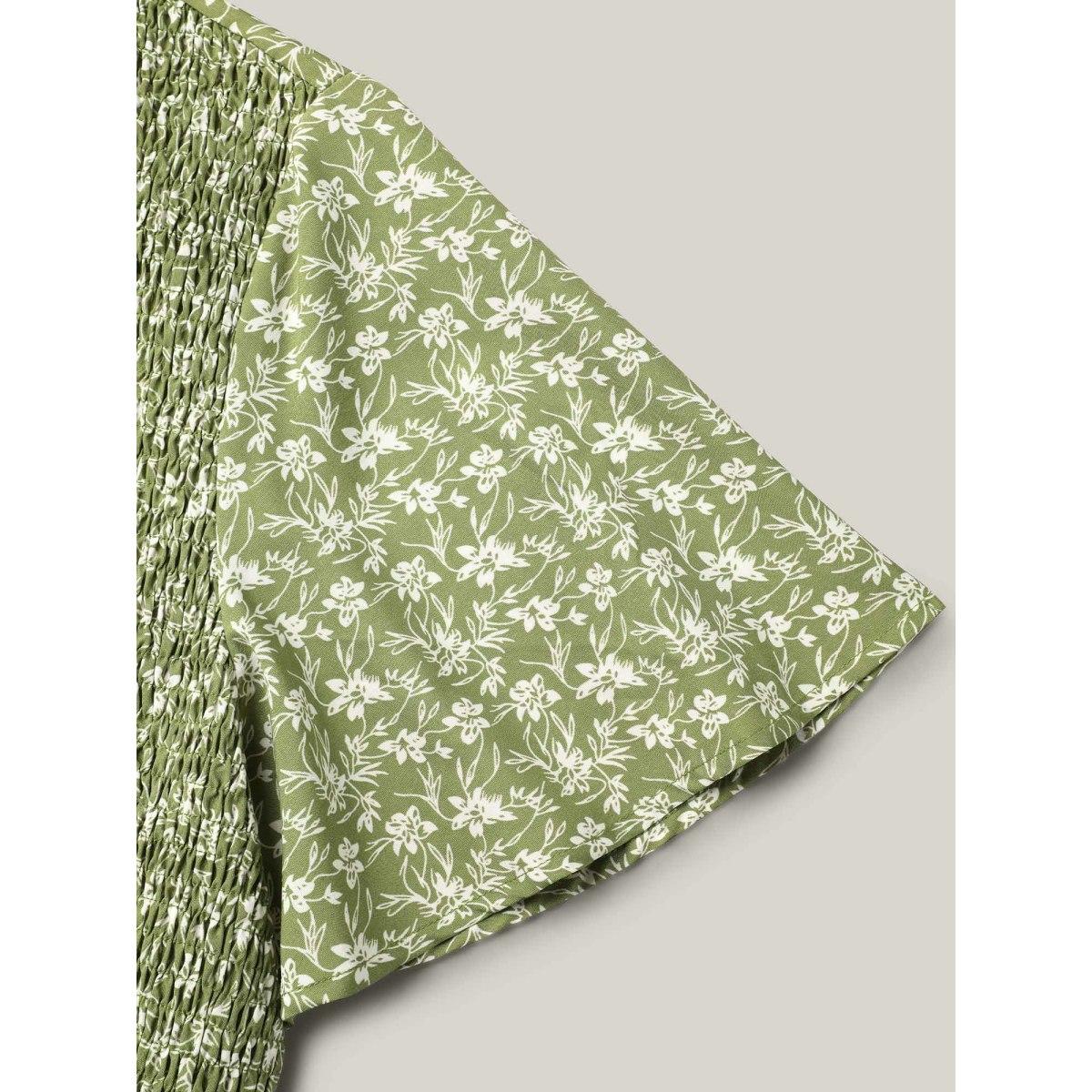 Plus Size Sage Floral Print Shirred Front Peplum Shirt Women Elegant Short sleeve V-neck Everyday Blouses BloomChic 14-16/1X Product Image