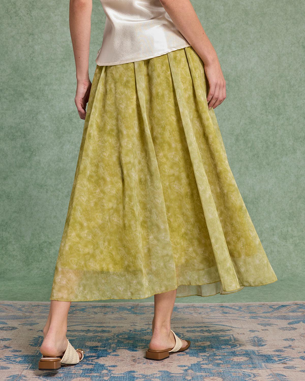 Green Floral Elastic Waist Midi Skirt Product Image