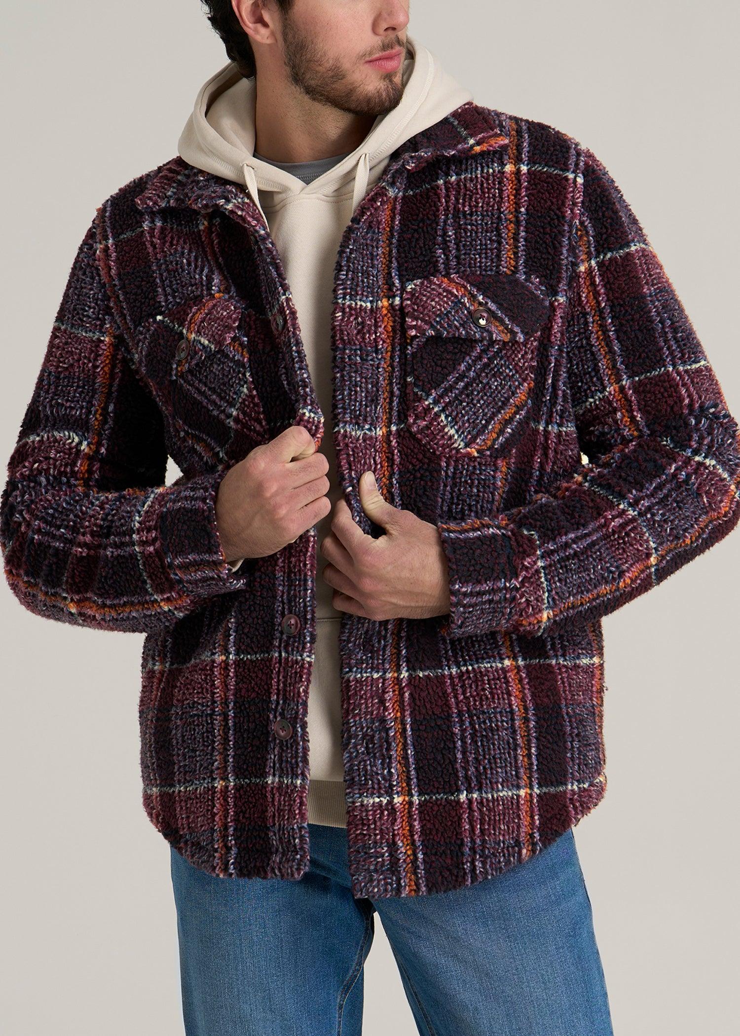 Sherpa Shirt Jacket for Tall Men in Burgundy and Navy Plaid Male Product Image