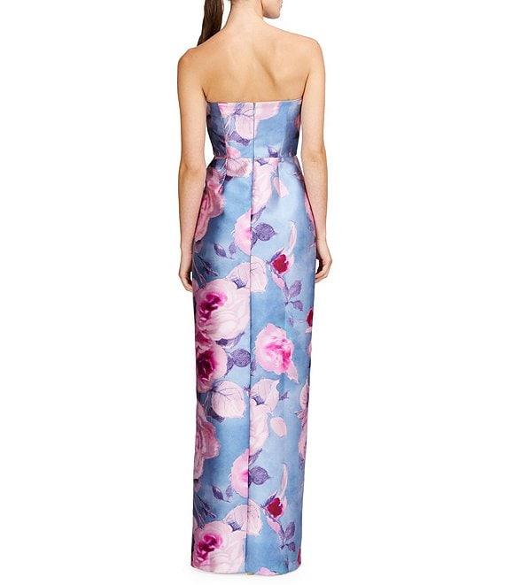 Kay Unger Mikado Floral Print Strapless Neck Sleeveless Pleated Sheath Gown Product Image