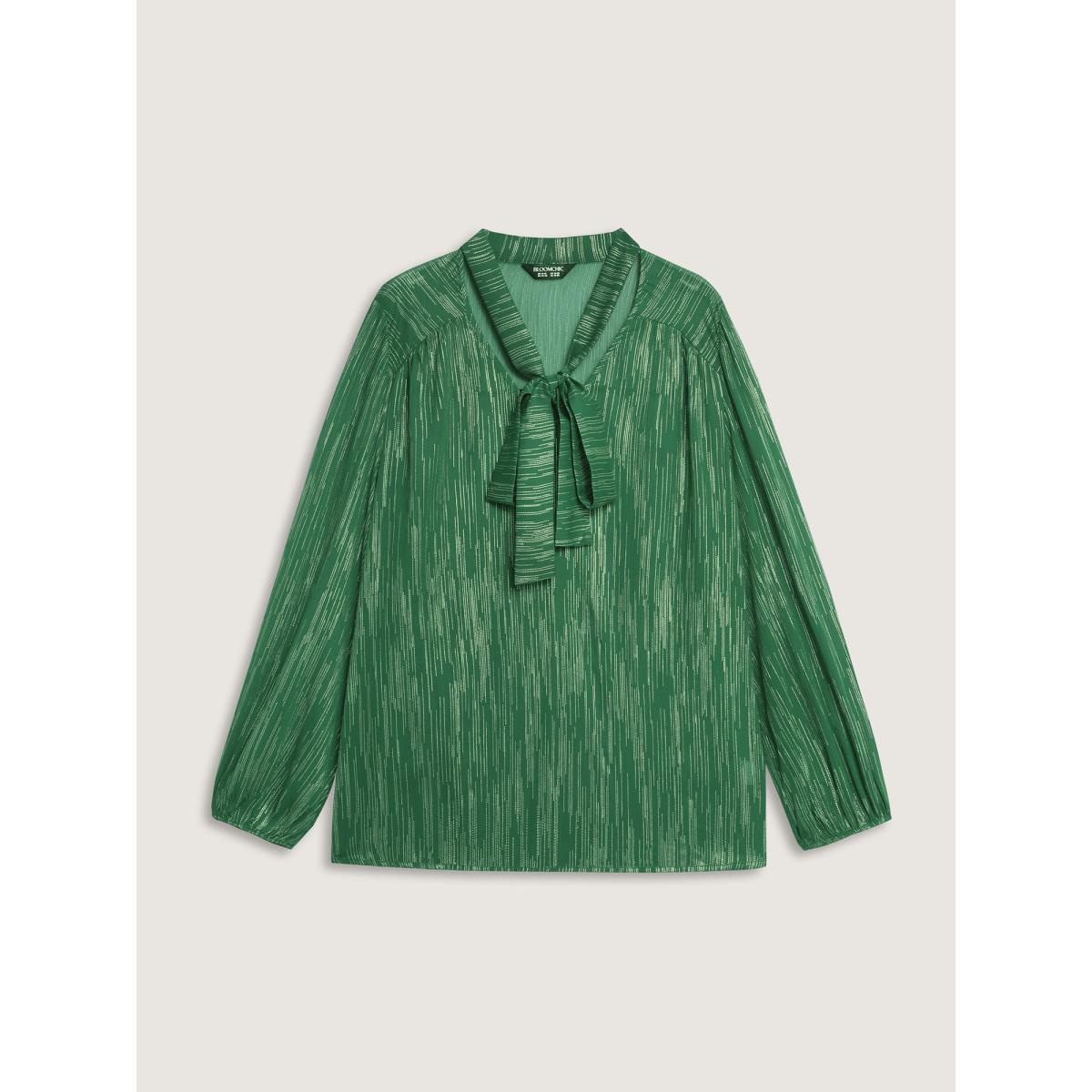 Plus Size Emerald Gold Stamp Sheer Collar-Tie Blouse Women Party&Cocktail Long Sleeve Ribbon-tied collar Party Blouses BloomChic 18-20/2X Product Image