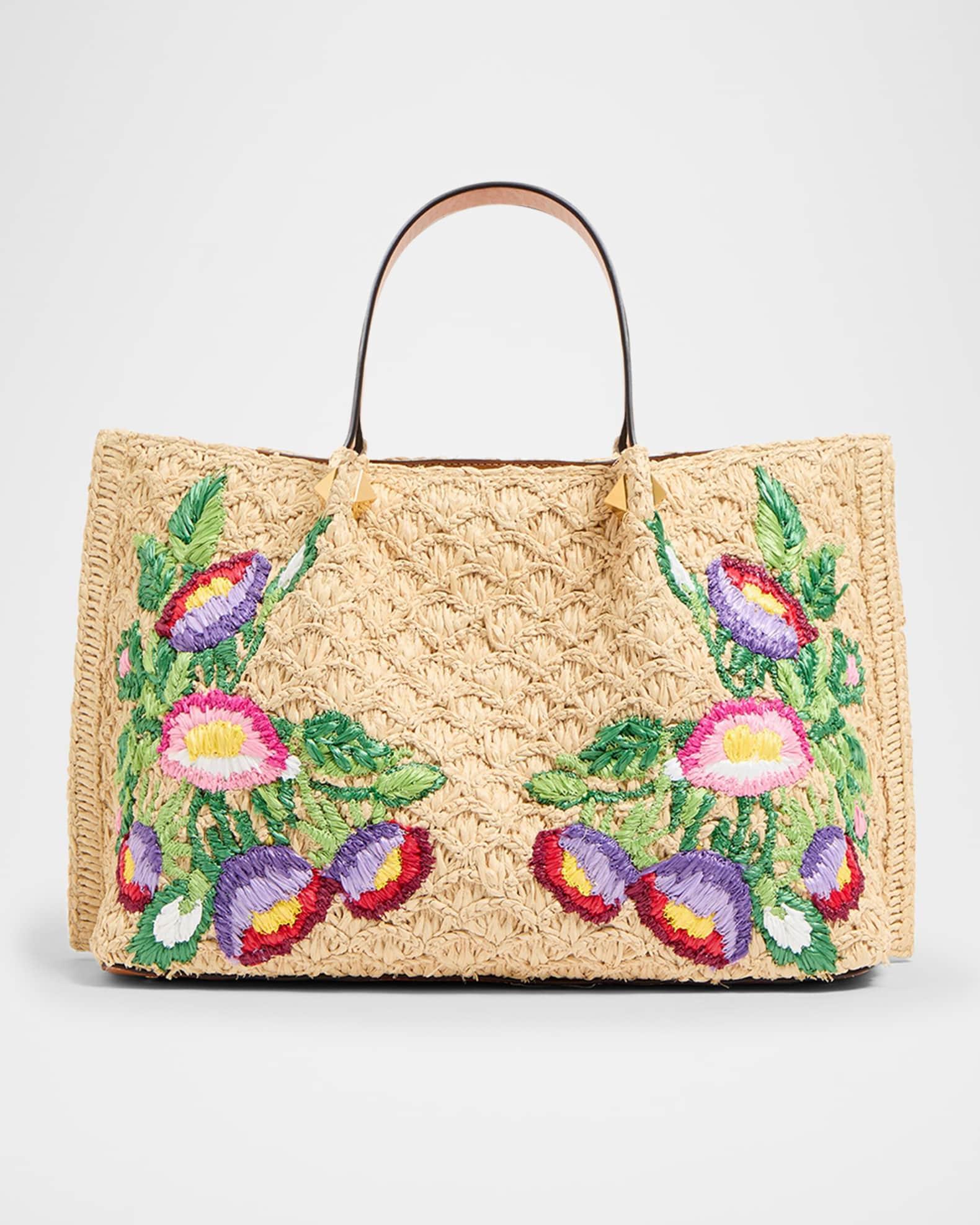 Floral Embroidered Raffia Medium Shopping Tote Bag Product Image