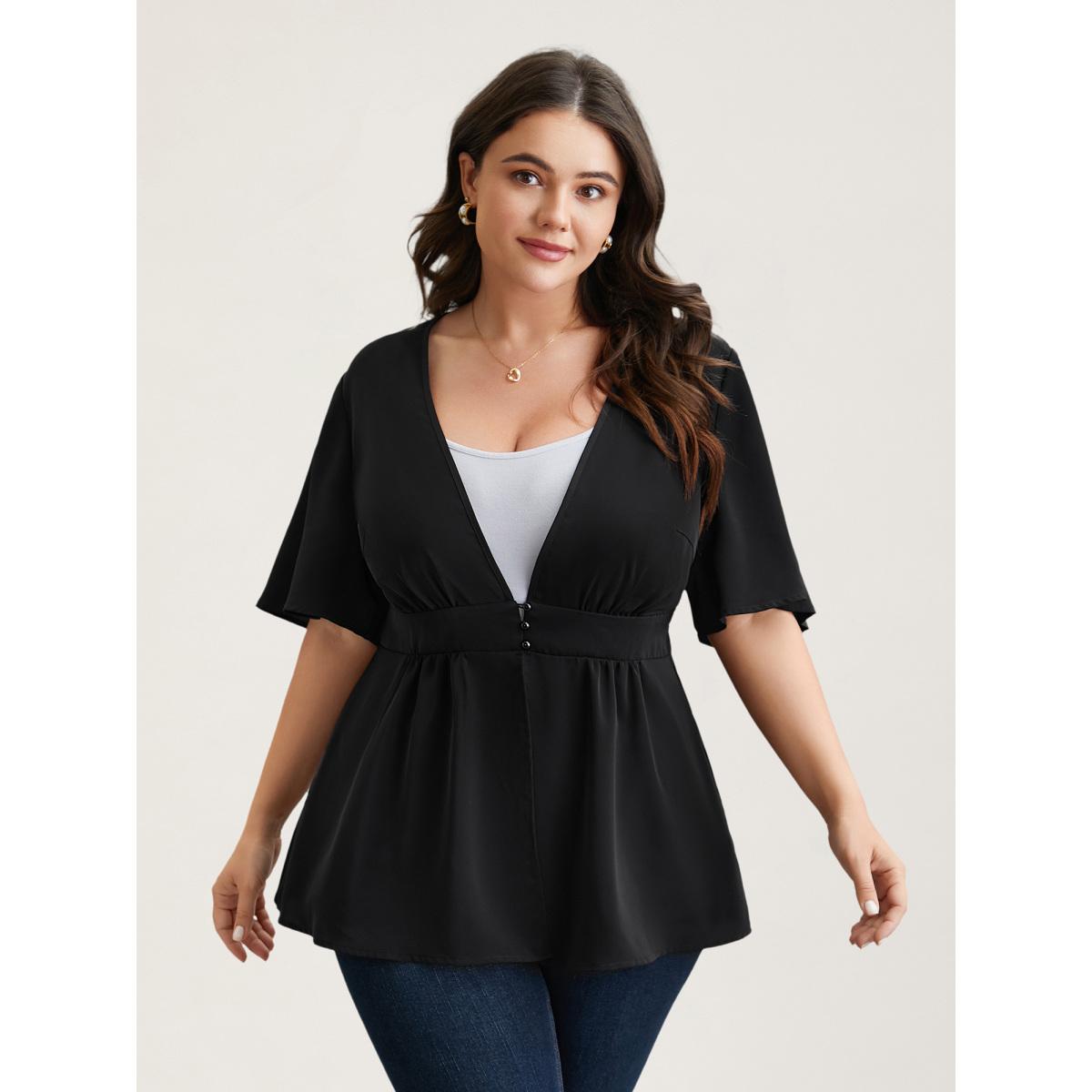 Plus Size Black V-Neck Stretchy-Waist Button Flared Blouse Women Elegant Short sleeve Deep V-neck Everyday Blouses BloomChic 22-24/3X Product Image