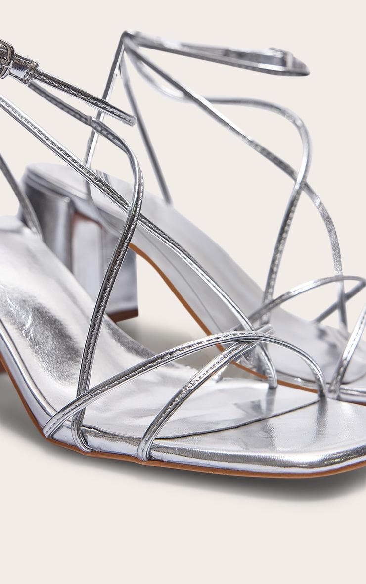 Silver Pu Round Toe Strappy Mid Block Heeled Sandals Product Image