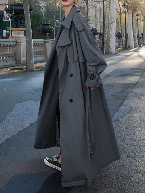 Long Sleeves Loose Buckle Buttoned Split-Back Tied Waist Lapel Outerwear Trench Coats Product Image