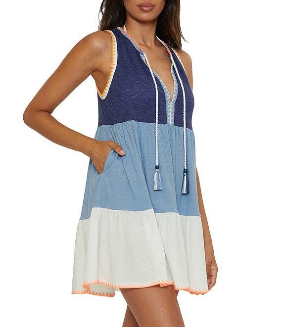 Lucky Brand Lagos Color Block Split V Neck Flutter Hem Swim Cover-Up Dress Product Image