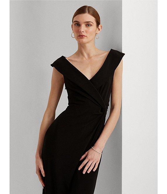 Lauren Ralph Lauren Fold Over Collar V-Neck Sleeveless Side Slit Gown Product Image
