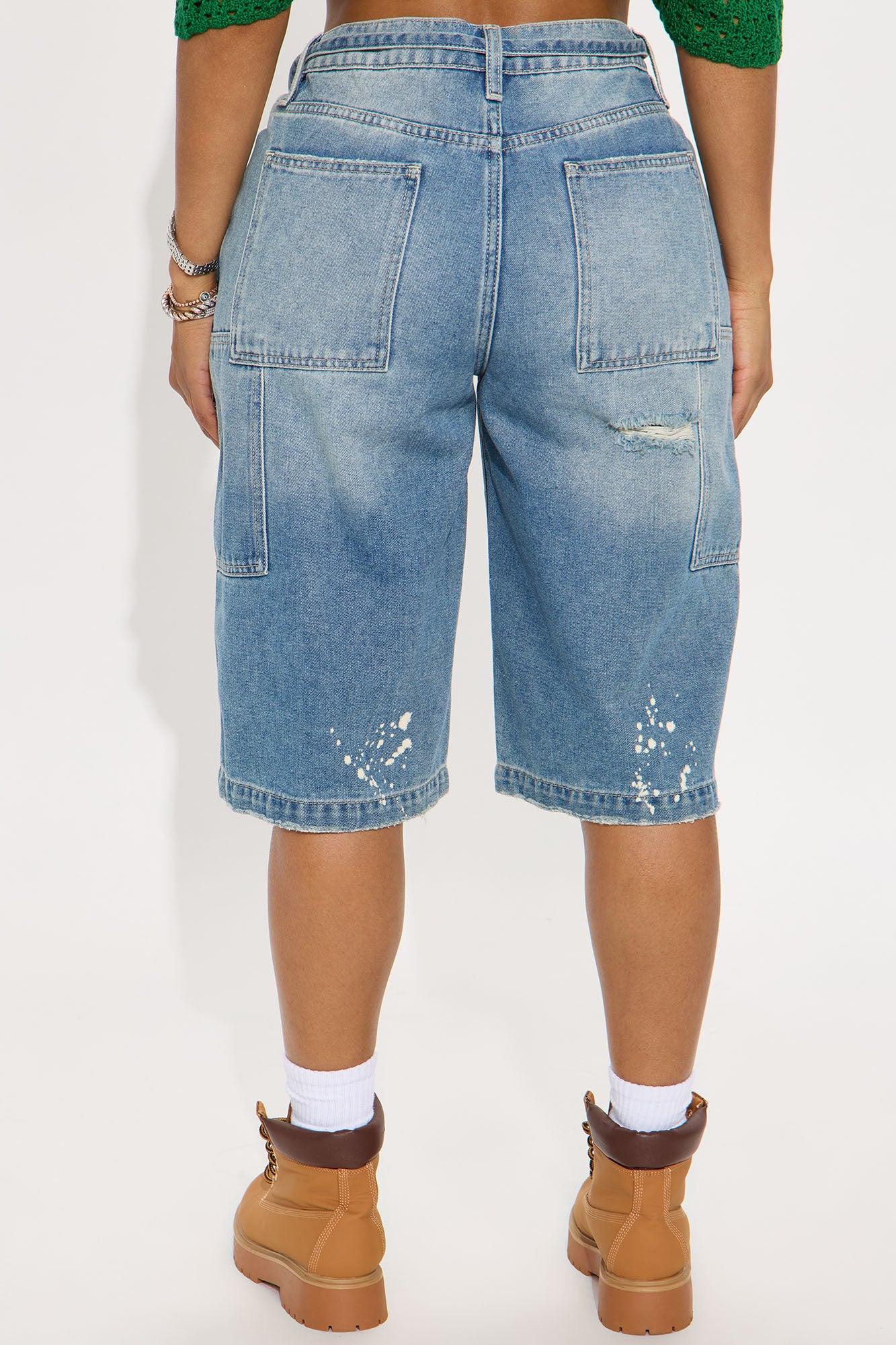 Ripped Bleached Denim Jorts - Medium Wash Female Product Image