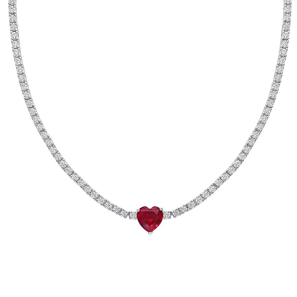 Stella Grace Sterling Silver Heart Shapd Lab-Created Ruby & Lab-Created White Sapphire Tennis Necklace, Women's, Size: 15" Product Image