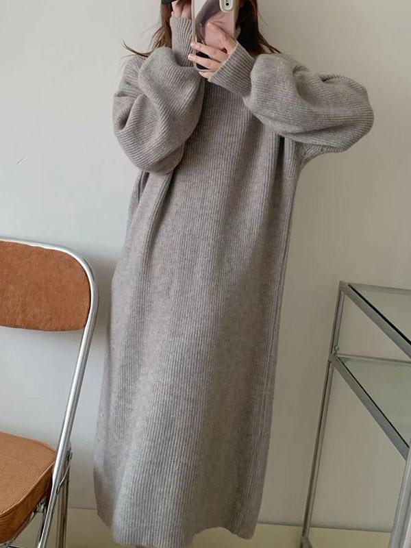 Long Sleeves Loose Solid Color High Neck Midi Dresses Sweater Dresses Product Image