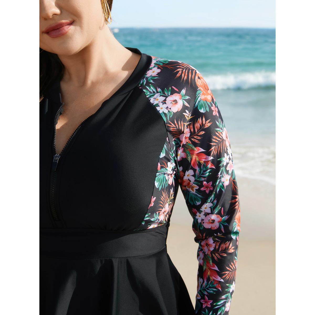 Plus Size Floral Sleeve Half Zipper Swim Dress Women's Swimwear Black Beach Bodycon Round Neck High stretch Curve Swim Dresses BloomChic 10/M Product Image