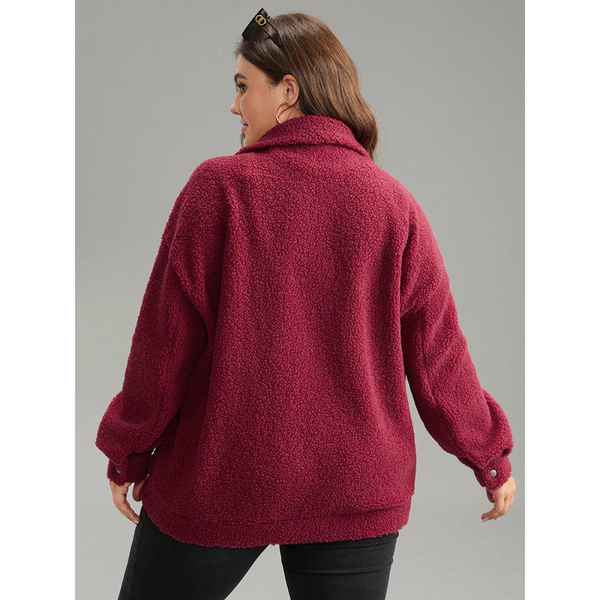 Plus Size Fuzzy Solid Flap Pocket Button Fly Coat Women Russet Casual Texture Ladies Everyday Winter Coats BloomChic 22-24/3X Product Image