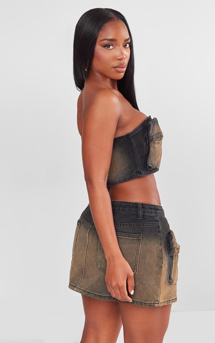 Shape Brown Washed Denim Pocket Detail Bandeau Crop Top Product Image