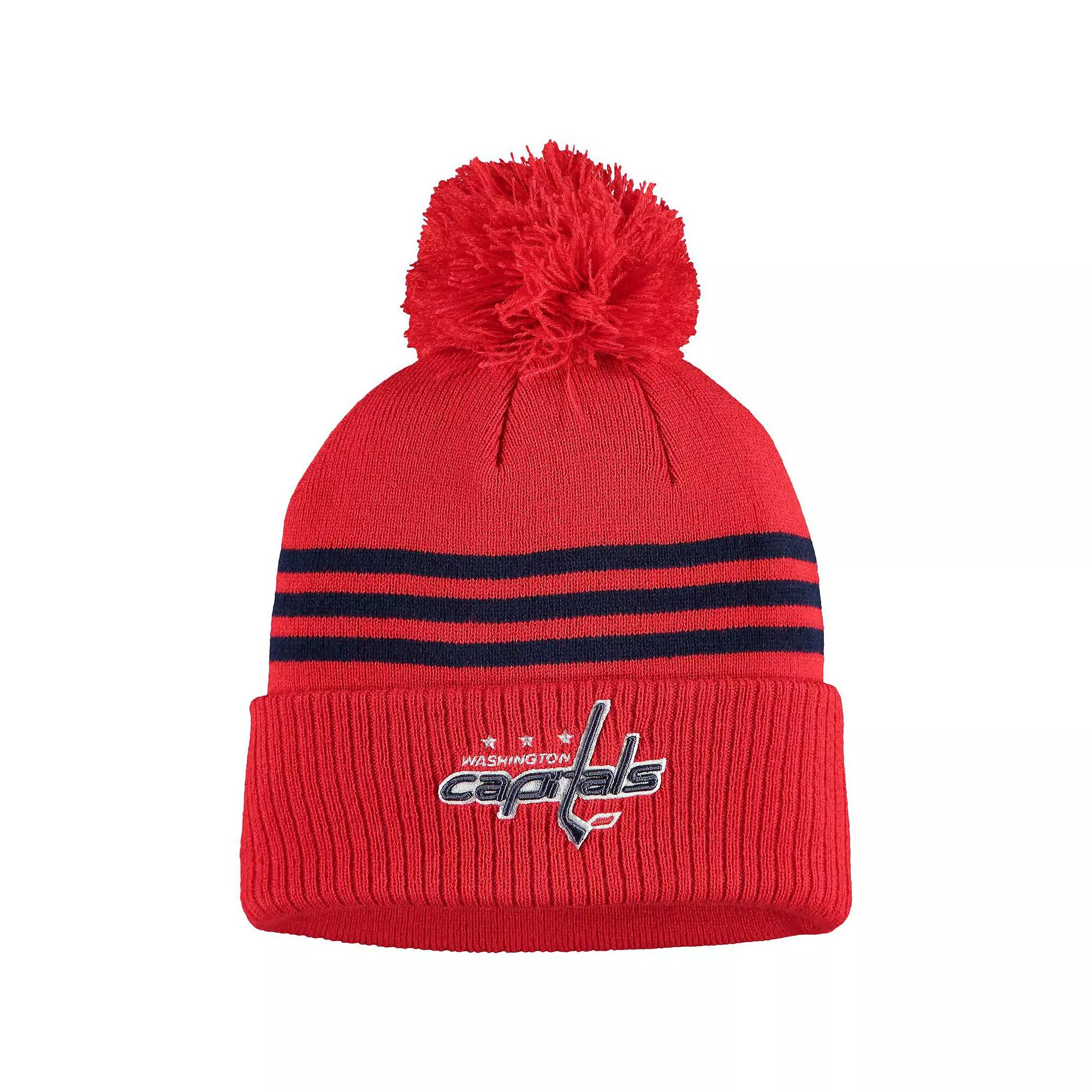 Men's adidas Red Washington Capitals Locker Room Three Stripe Cuffed Knit Hat with Pom Product Image