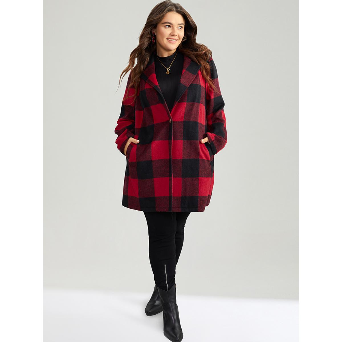 Plus Size Plaid Print Button Down Pocket Tunic Coat Women Crimson Casual Contrast Ladies Dailywear Winter Coats BloomChic 30/6X Product Image