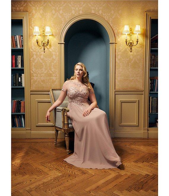 Xscape Plus Size Illusion Boat Neck Embroidered Sequin Bodice Chiffon Gown Product Image
