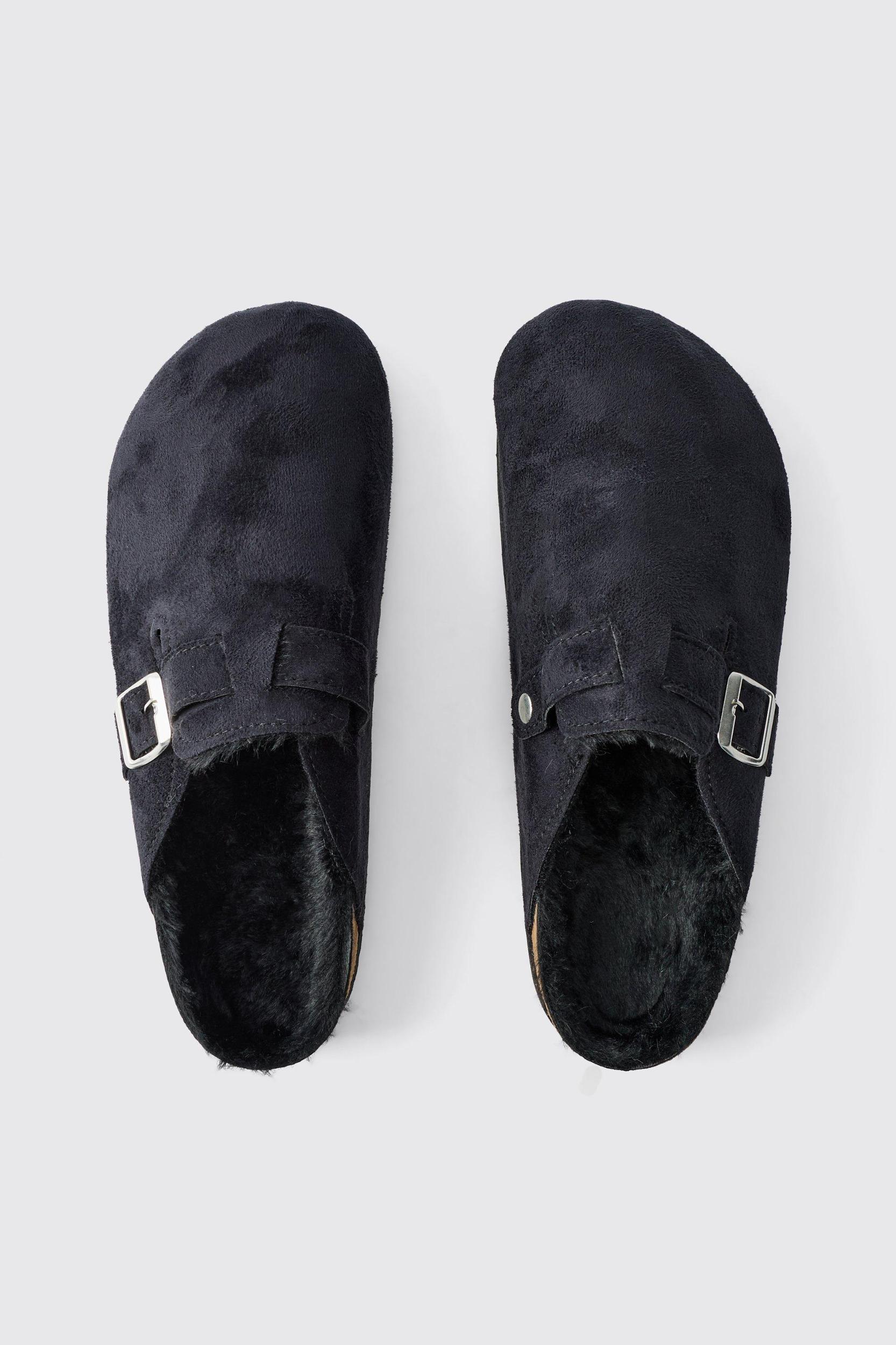 Faux Suede Sherpa Lined Mule In Black | boohooMAN USA Product Image