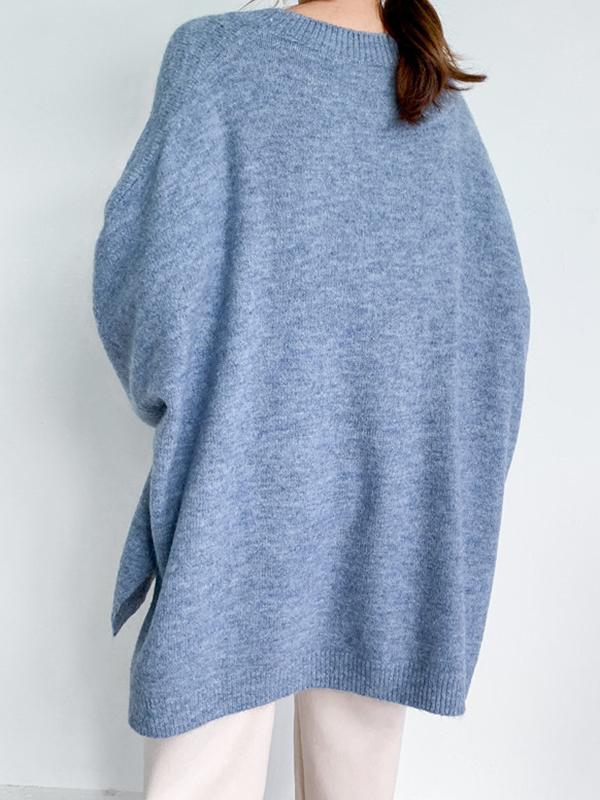 Stretch Mohair-Blend Balloon Sleeves Loose Solid Round-Neck Sweater Tops Product Image