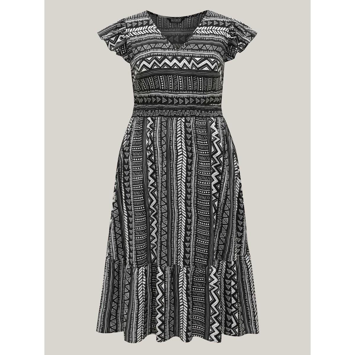 Plus Size Boho Stripes Shirred Waist Midi Dress Black Women V-neck Cap Sleeve Curvy BloomChic 10/M Product Image