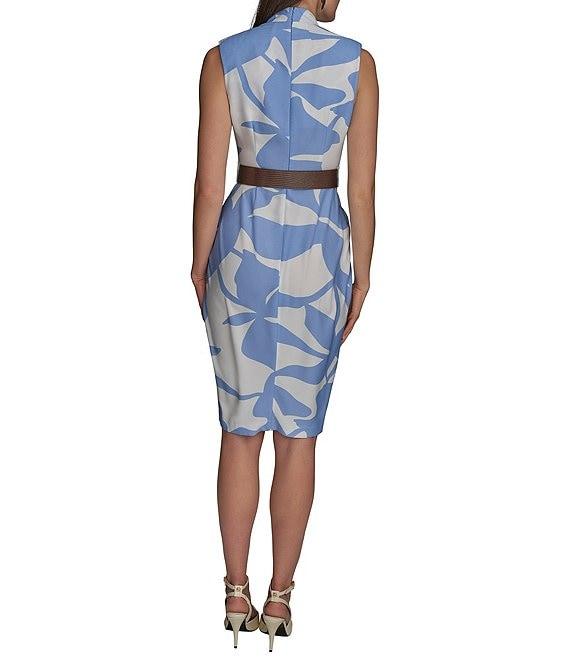 Donna Karan Dot Crepe V-Neck Sleeveless Belted Sheath Midi Dress Product Image