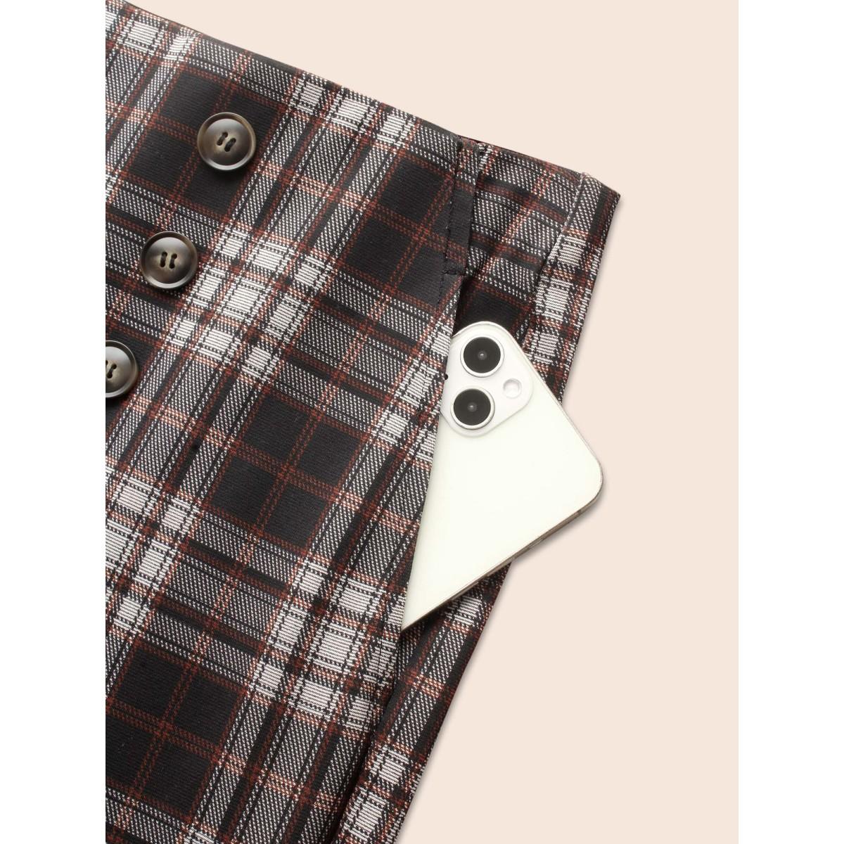 Plus Size Plaid Button Detail Mid Rise Pants Women Black At the Office Wide Leg Mid Rise Work Pants BloomChic 30/6X Product Image