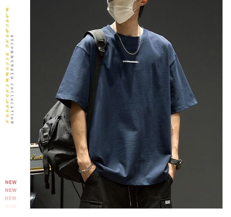 Short-Sleeve Round Neck Lettering Embroidered T-Shirt Product Image