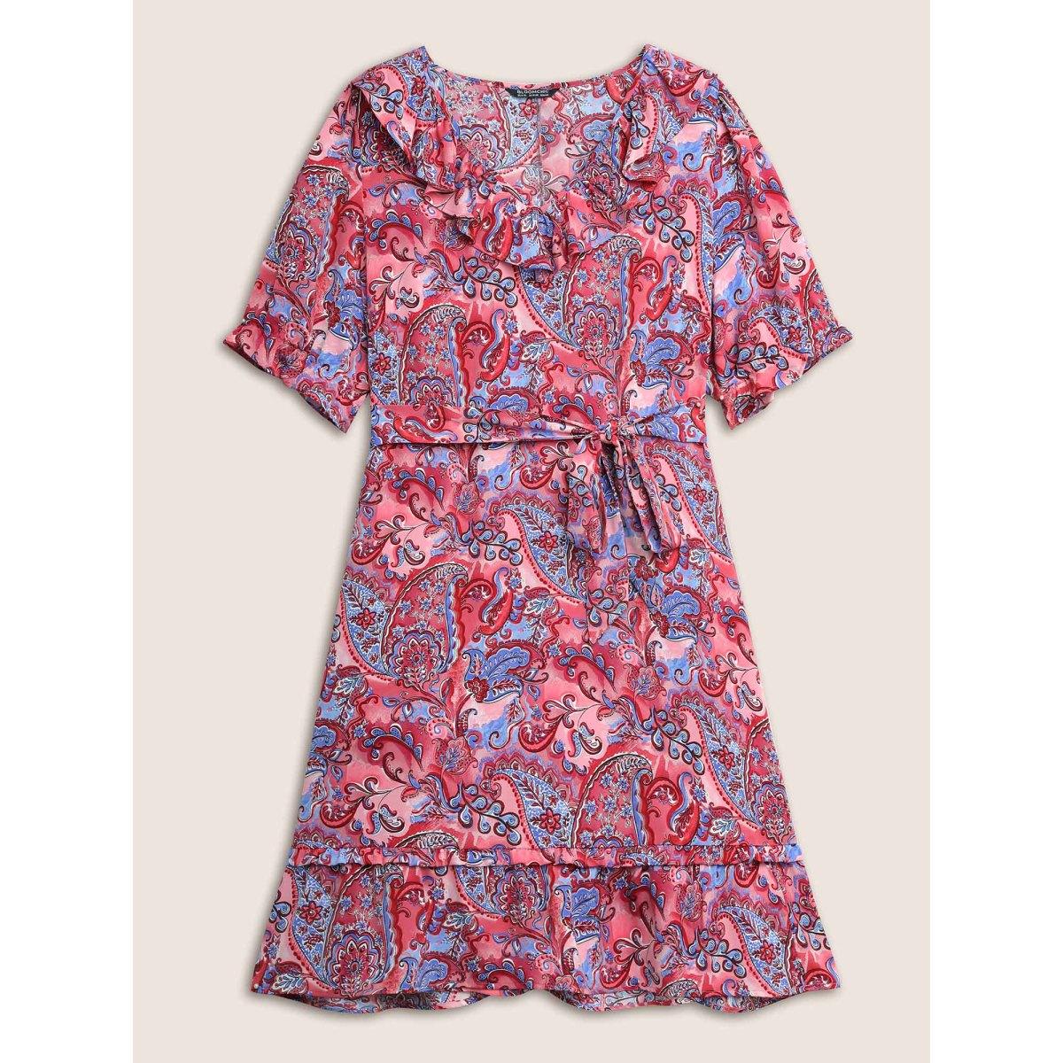 Plus Size Paisley Print Belted Ruffle Trim Dress Russet Women Resort Non V-neck Half Sleeve Curvy Midi Dress BloomChic 18-20/2X Product Image