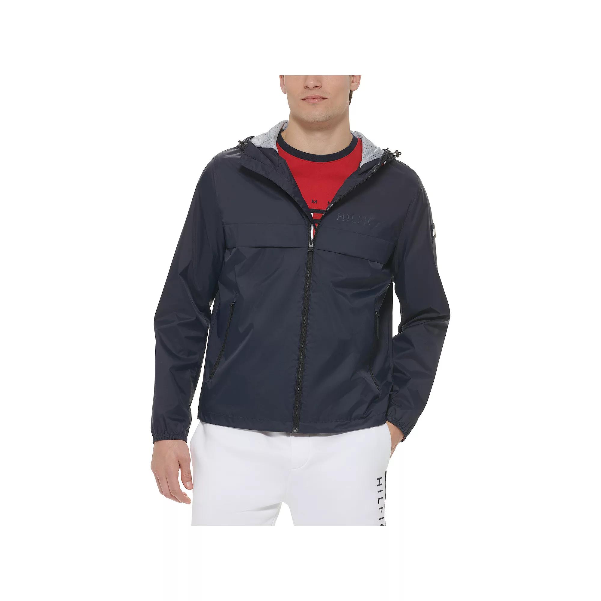 Men's Tommy Hilfiger Logo Patch Hooded Rain Jacket, Size: Medium, Blue Stripe Product Image