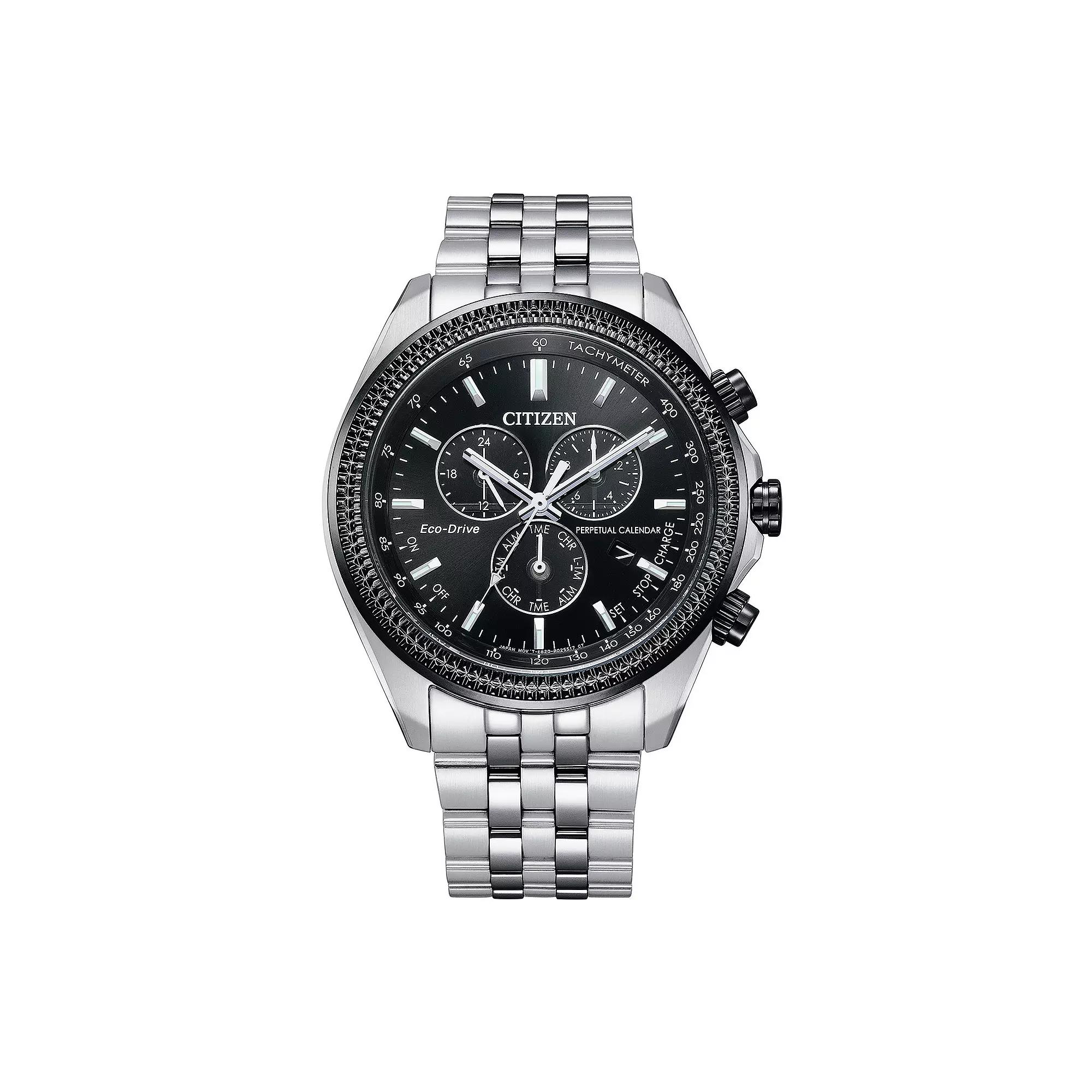 Citizen Mens Eco-Drive Weekender Stainless Steel Black Chronograph Dial Bracelet Watch Silver Product Image