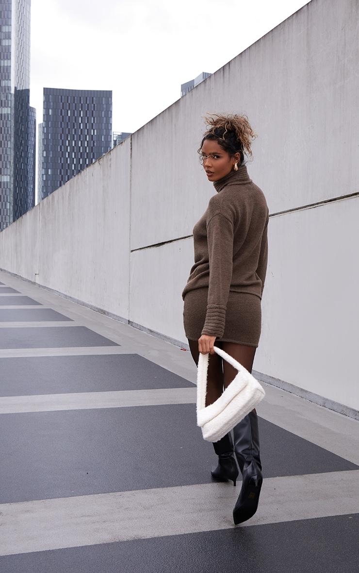 Chocolate Textured Knit Roll Neck Oversized Sweater Product Image