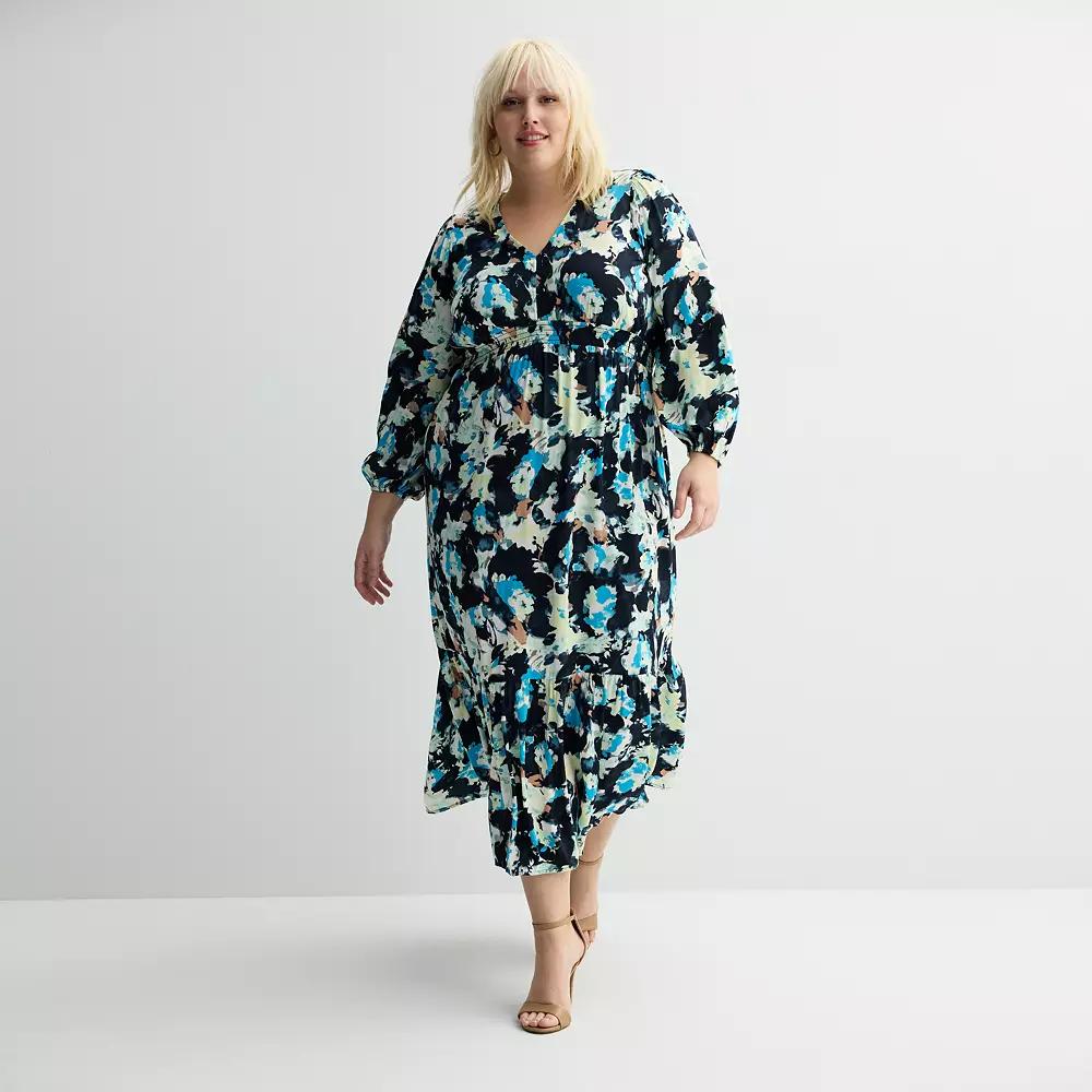 Plus Size Nine West V-Neck Midi Dress, Women's, Size: 2XL, Blue Abstract Flora Product Image