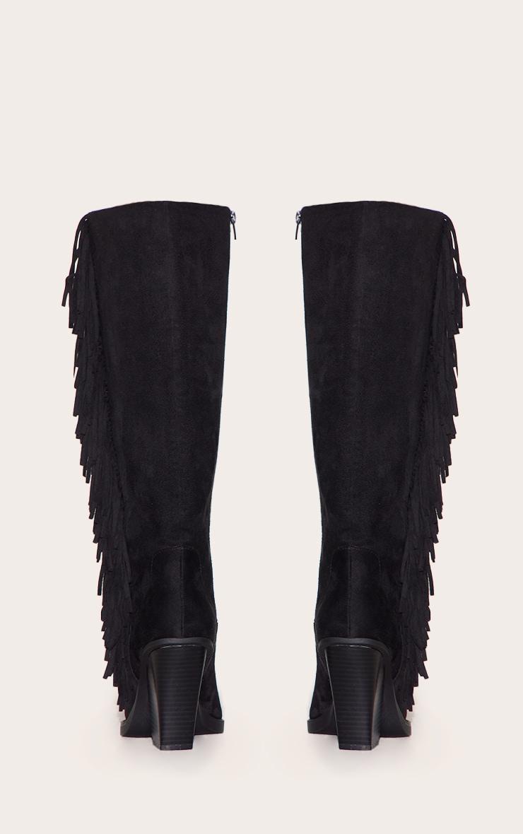 Black Faux Suede Point Toe Fringed High Block Heel Knee Boots Product Image