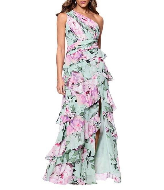 Xscape Chiffon Floral Print One Shoulder Neck Sleeveless Ruffle Gown Product Image