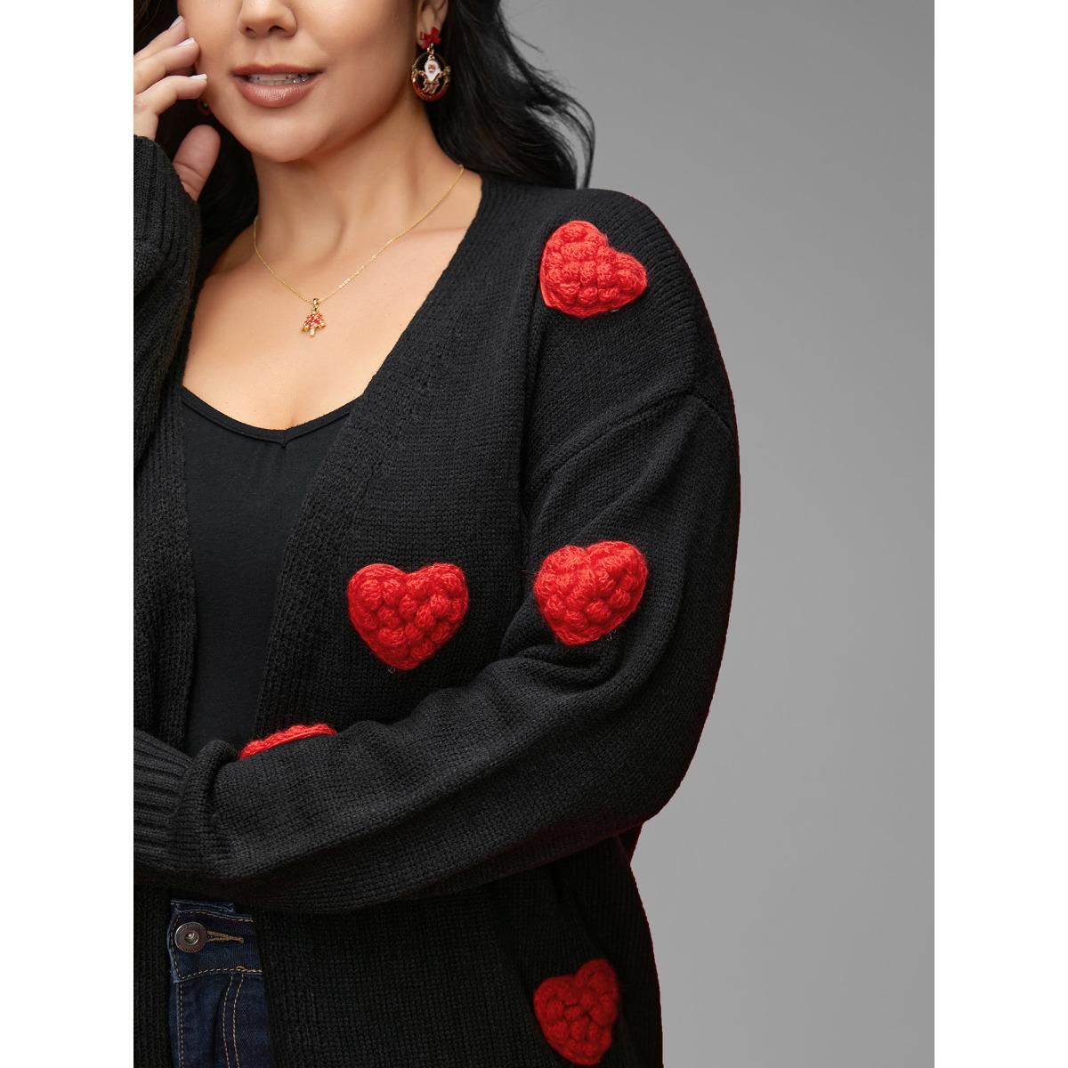 Plus Size Hand Crocheted Hearts V-neck Cardigan Black Women Casual Loose Long Sleeve Everyday Cardigans BloomChic 30/6X Product Image