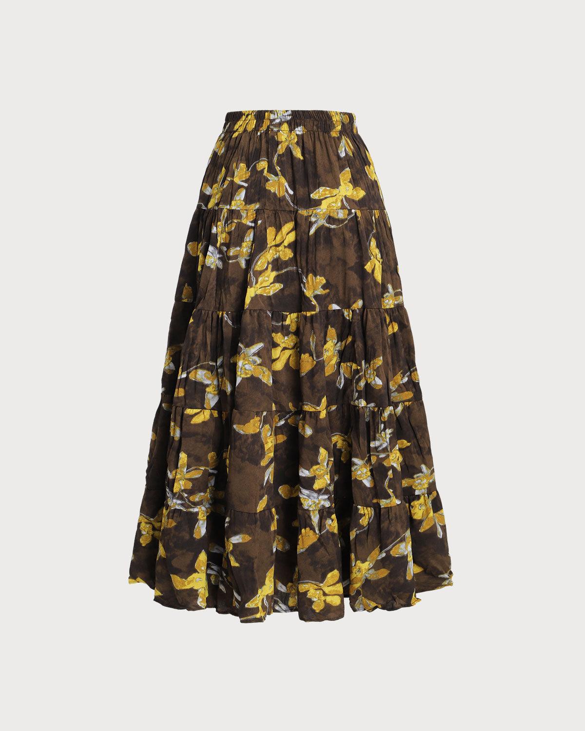 Yellow Floral Elastic Waist Midi Skirt Product Image
