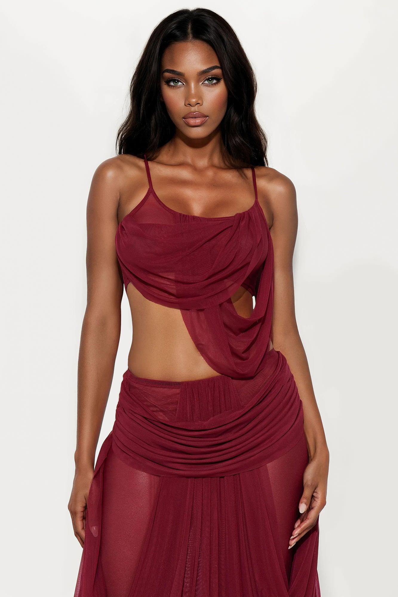Alisha Sheer Draped Maxi Dress - Burgundy Female Product Image