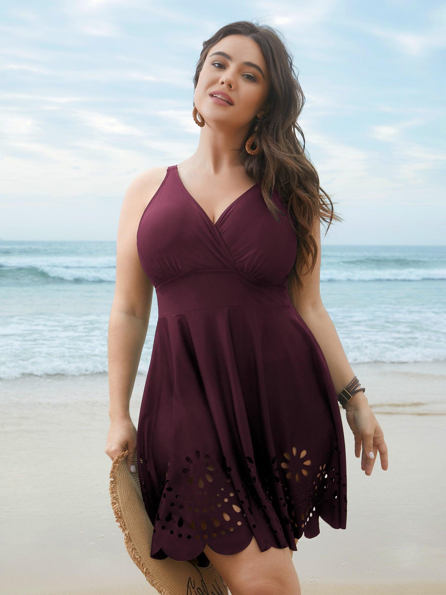 Laser Cut Surplice Neck Waist-Cinched Swim Dress Female Product Image