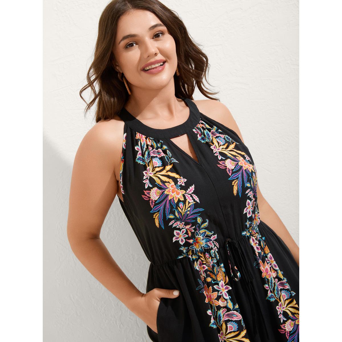 Plus Size Black Floral Halter Neck Slit Hem Jumpsuit Women Boho Sleeveless Halter neck Vacation Loose Jumpsuits BloomChic 10/M Product Image