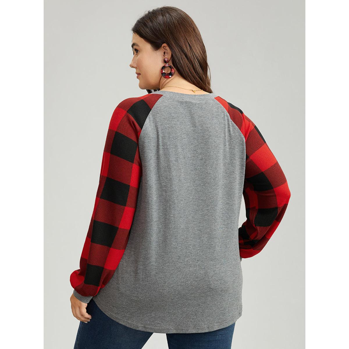 Plus Size Plaid Christmas Trees Round Neck T-shirt Gray Women Casual Contrast Christmas Festival-Christmas T-shirts BloomChic 22-24/3X Product Image