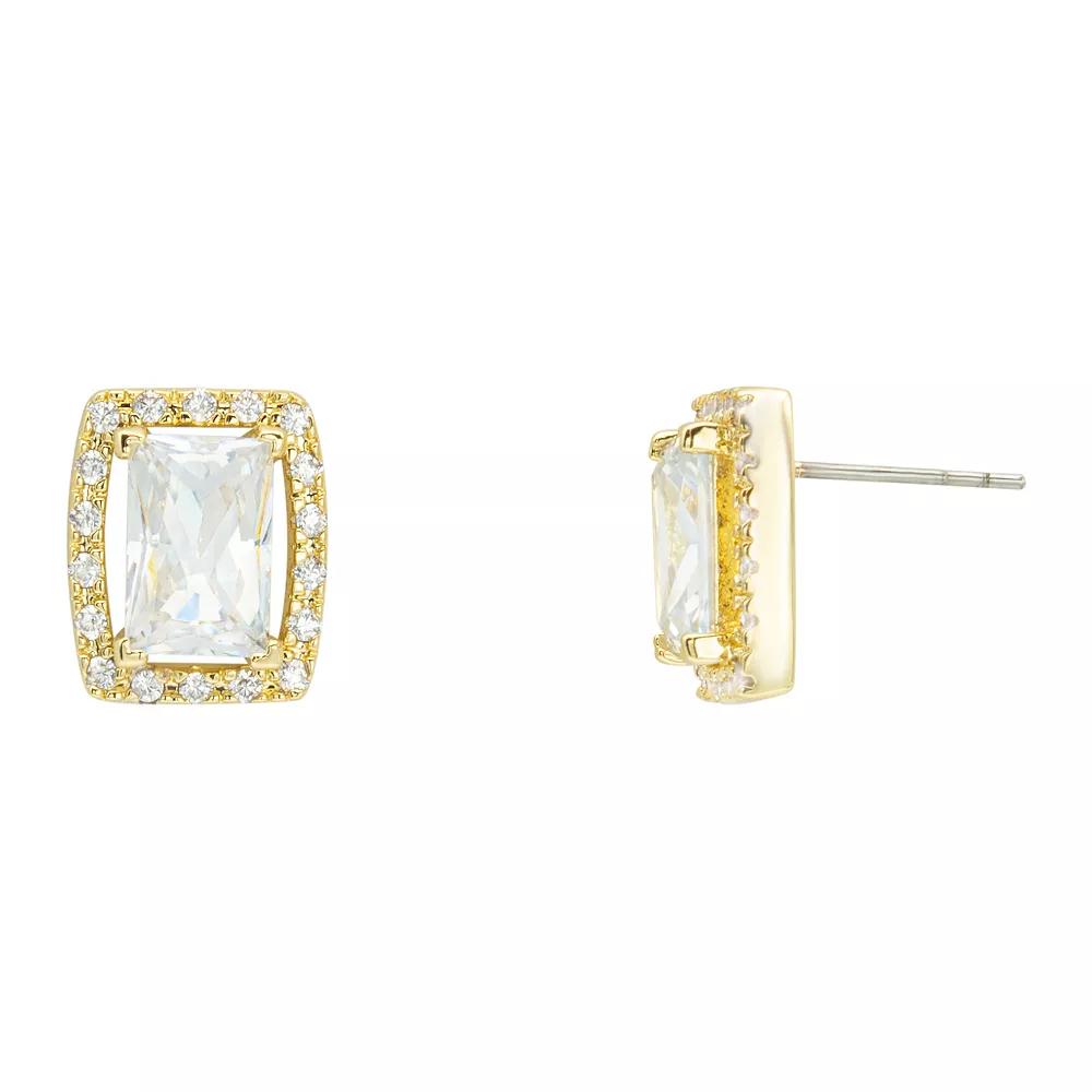 Brilliance Gold Tone Cubic Zirconia & Crystal Emerald Cut Halo Stud Earrings, Women's, Gold Tone Clear Product Image
