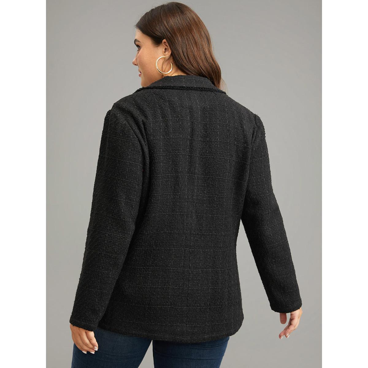 Plus Size Plain Tweed Plisse Pocket Button Through Blazer Black Women Dailywear Plain Texture Sleeve Long Sleeve Suit Collar 12/L Pocket Elegant Blazers BloomChic Product Image