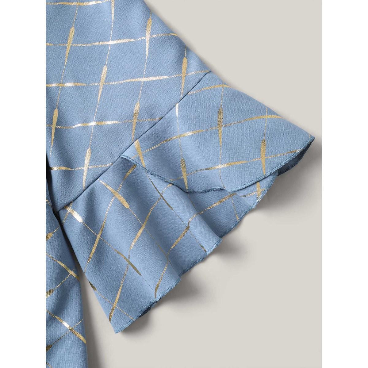 Plus Size Stone Glitter Plaid Ruffle Sleeve Blouse Women Half Sleeve Round Neck Everyday-Elegant Blouses BloomChic 22-24/3X Product Image