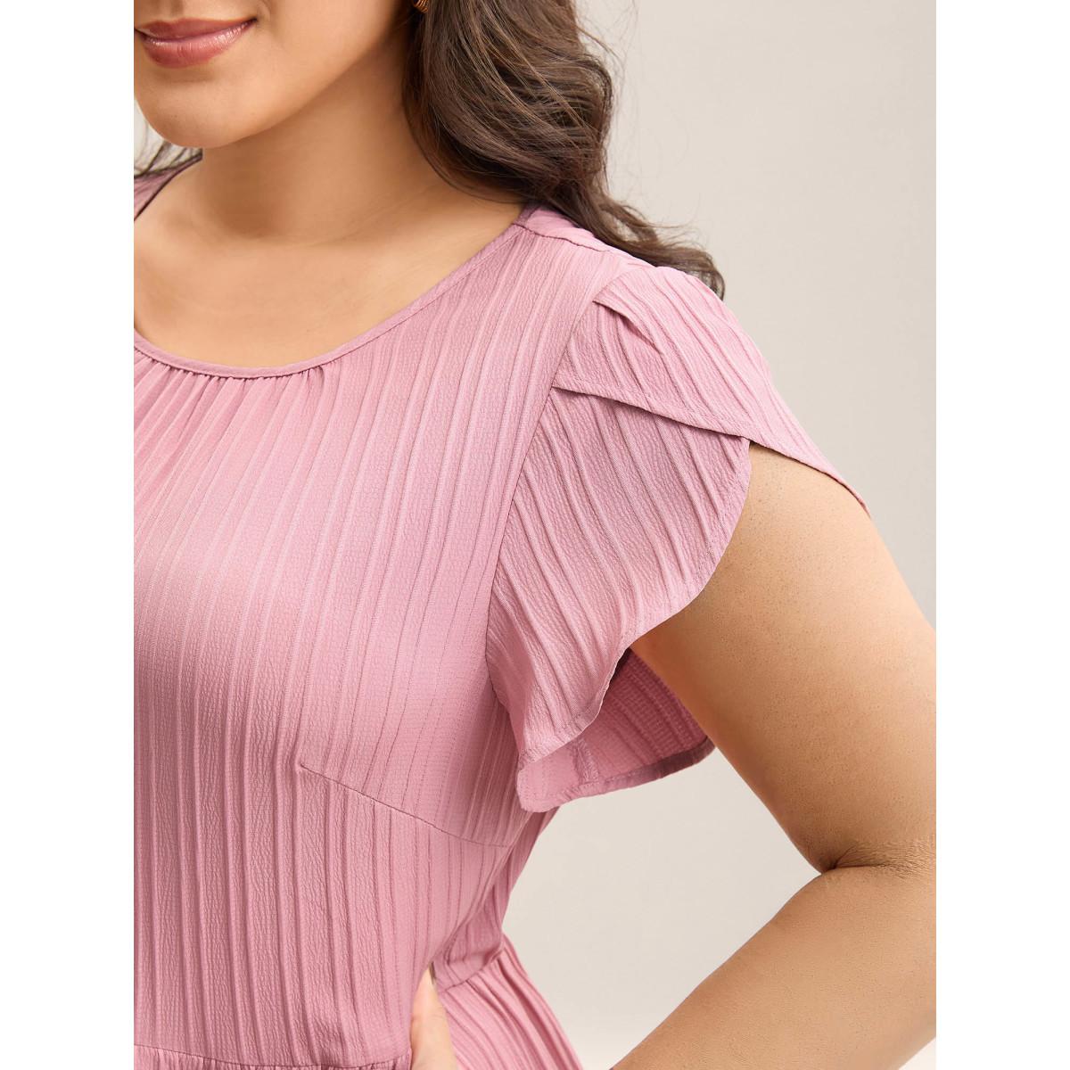 Plus Size Textured Petal Sleeve Pockets Midi Dress Blush Women Elegant Gathered Round Neck Short sleeve Curvy BloomChic 18-20/2X Product Image