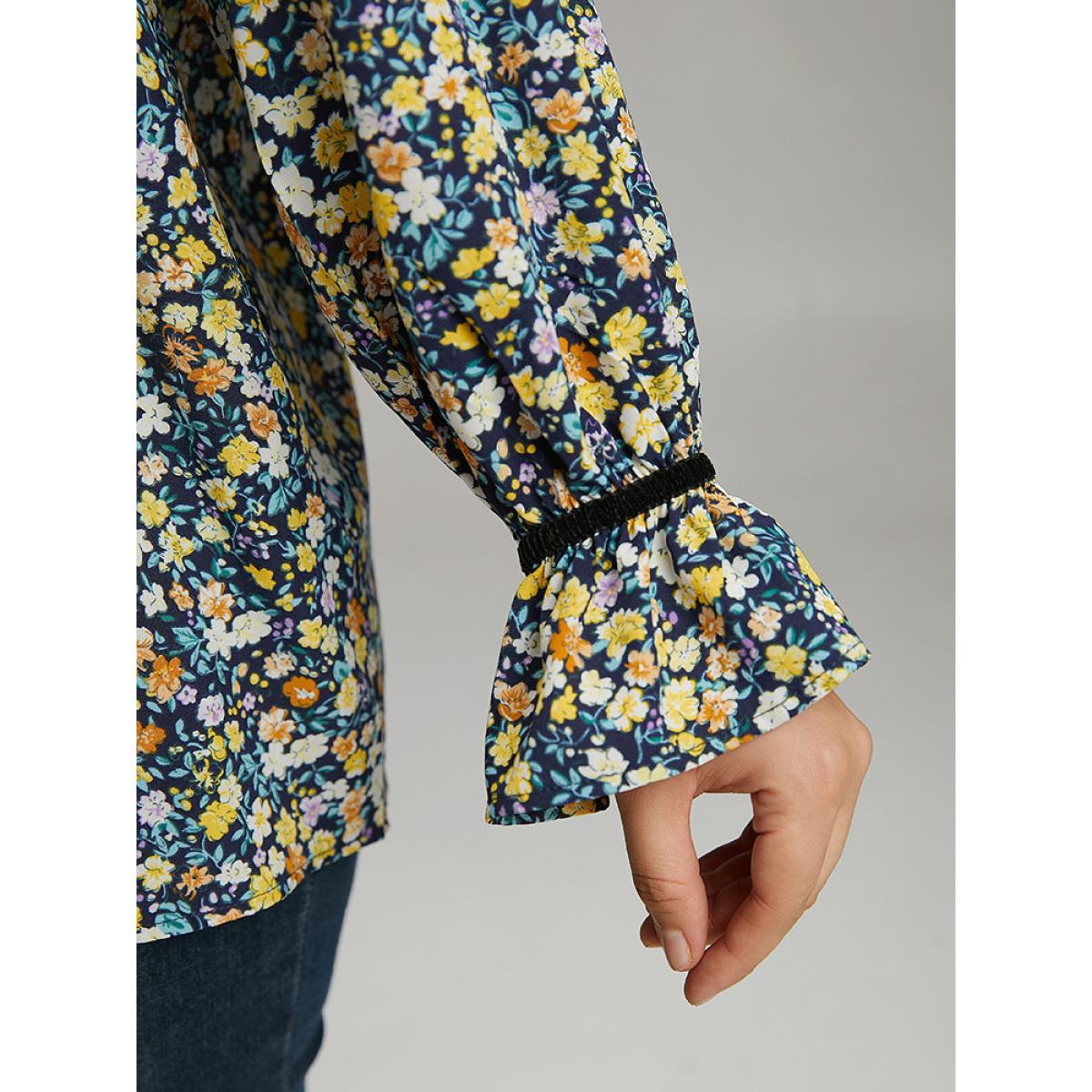 Plus Size Indigo Ditsy Floral Ties Contrast Trim Blouse Women Elegant Long Sleeve Tie Neck Dailywear Blouses BloomChic 30/6X Product Image