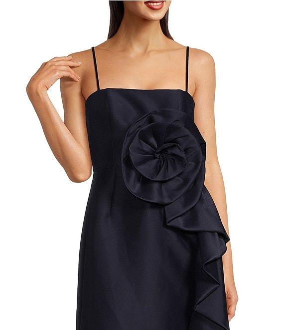 Muse by Marchesa Stretch Mikado 3D Rosette Running Side Ruffle Straight Neck Spaghetti Strap Fit and Flare Gown Product Image