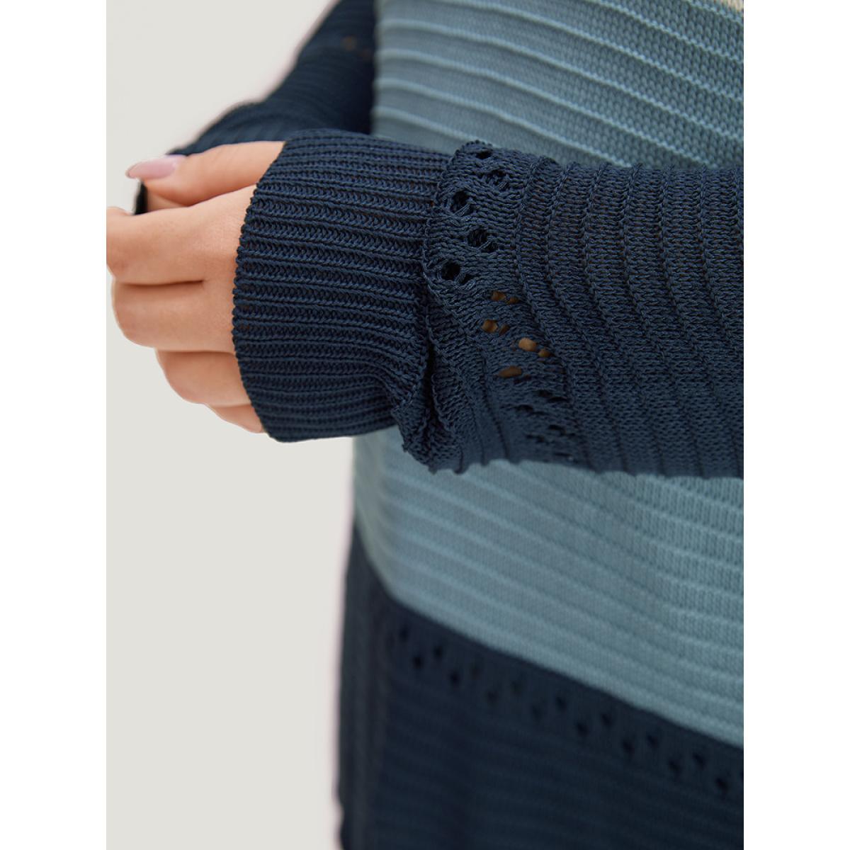 Plus Size Colorblock Hooded Raglan Sleeve Eyelet Pullover Multicolor Women Casual Loose Long Sleeve Dailywear Pullovers BloomChic 14-16/1X Product Image