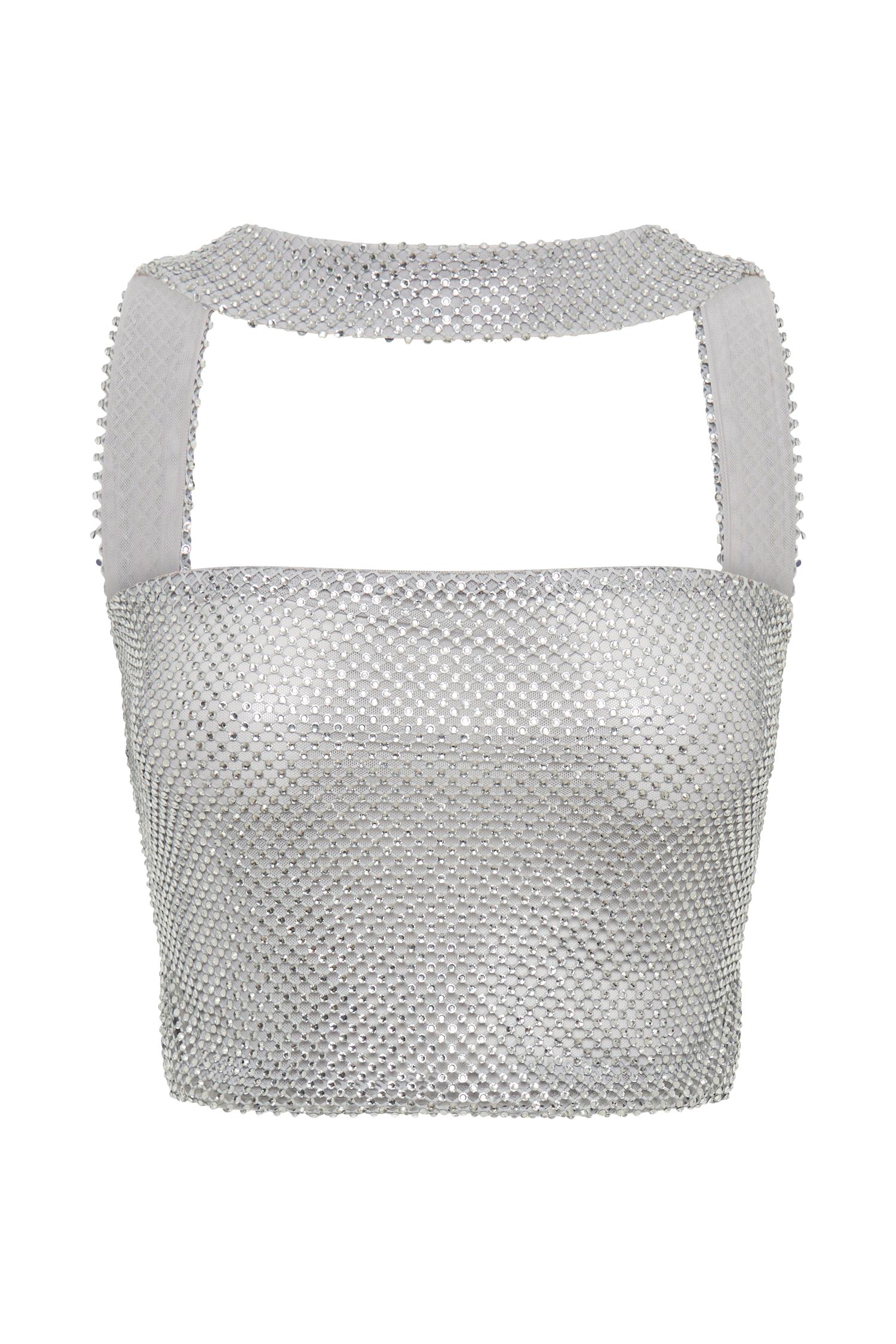 Agnes Diamante Mesh Halter Top - Silver Product Image