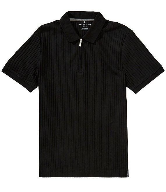 Perry Ellis Ribbed Quarter-Zip Short Sleeve Polo Shirt Product Image