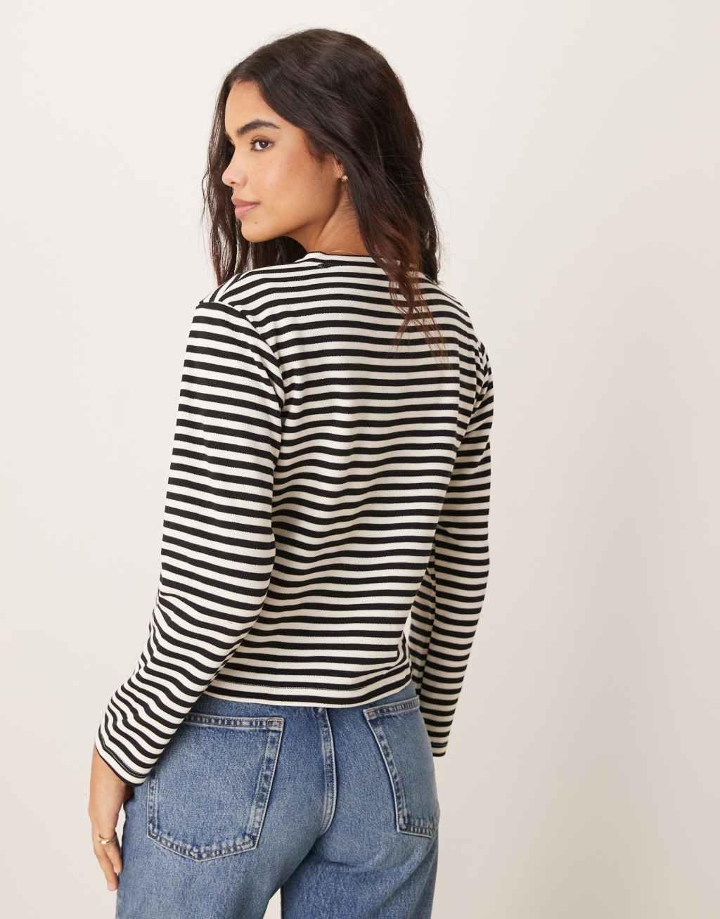 VILA button up cardigan in black and white stripe Product Image