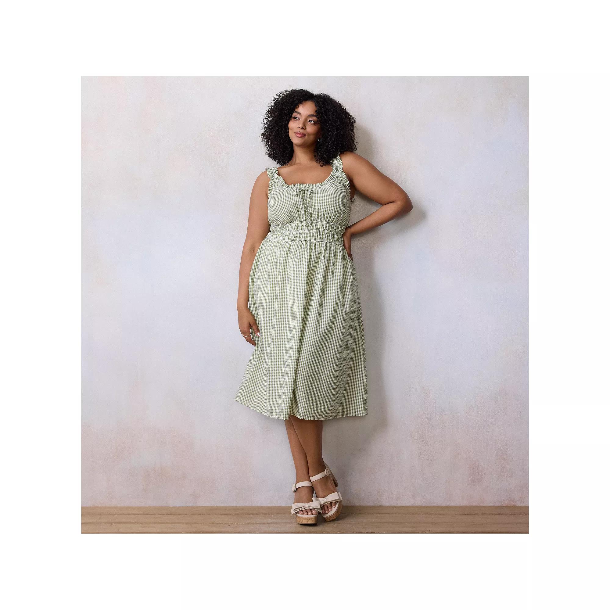 Plus Size LC Lauren Conrad Shirred Bodice Ruffle Strap Midi Dress, Women's, Size: 3XL, Green Tina Gingham Product Image